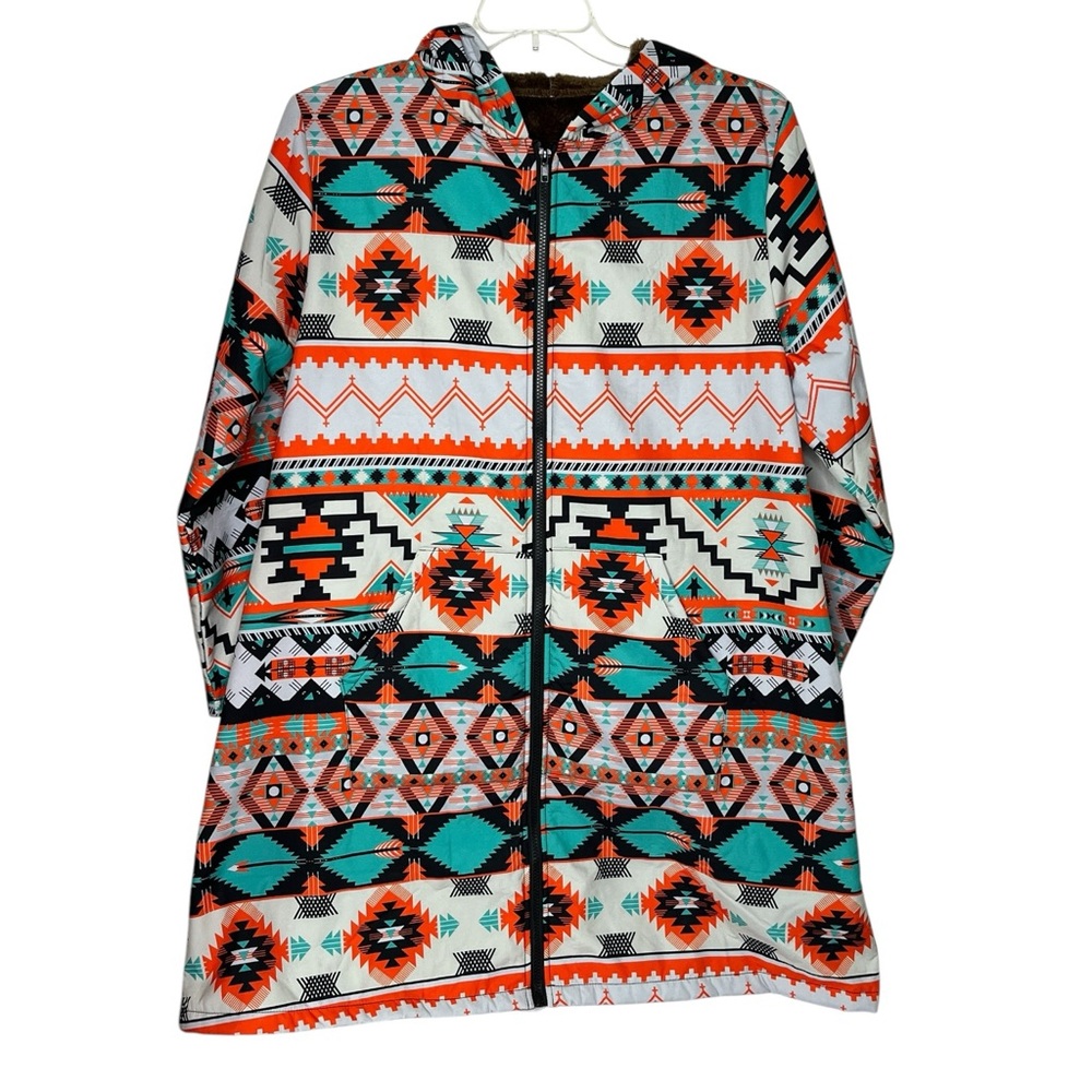 Aztec Print Boho Mid Thigh Parka Coat With Hood Faux Fur Lining Women's Plus 1XL